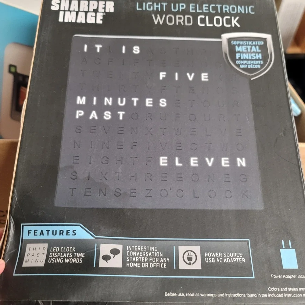 Sharper Image Light Up Electronic Word Clock Black Metal Finish LED USB Powered